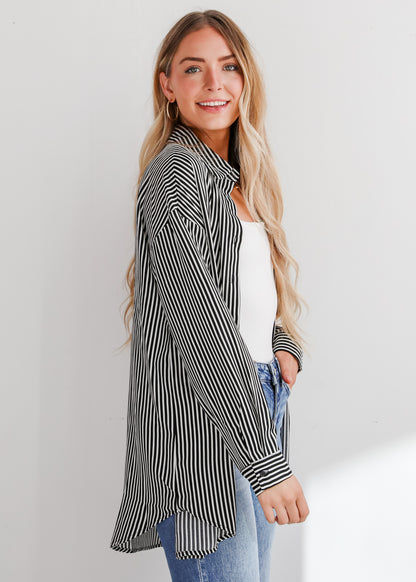 Playfully Composed Black Satin Striped Button-Up Blouse