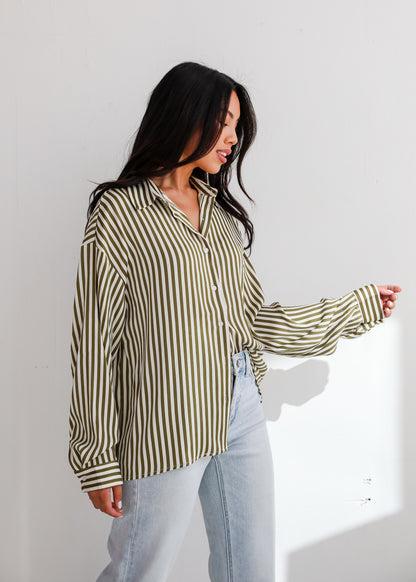 Composed Essence Satin Striped Button-Up Blouse