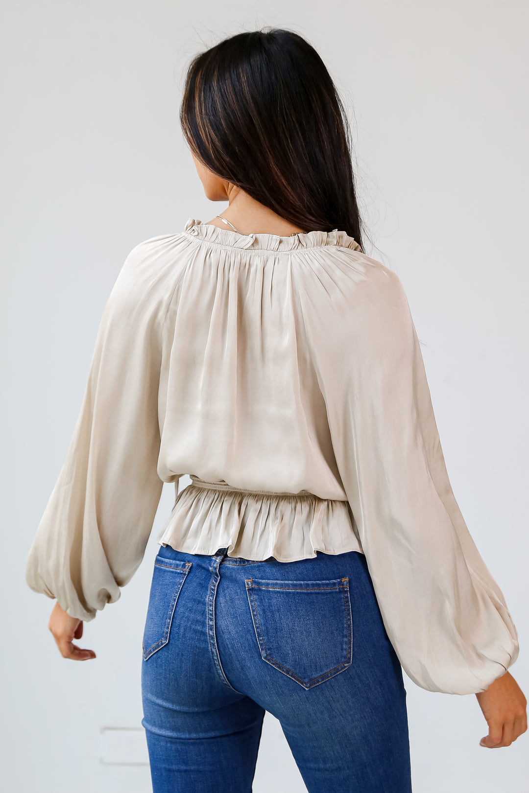 chic ivory Satin Peplum Blouse