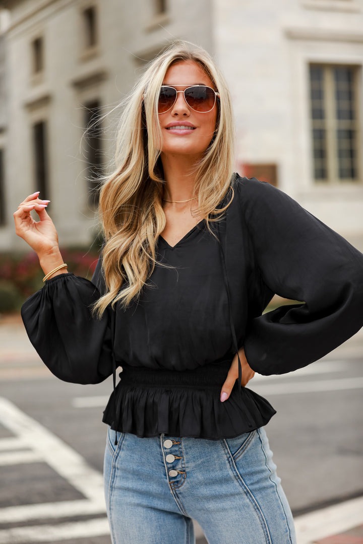 black Satin Peplum Blouse