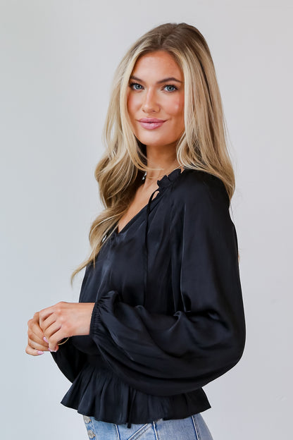 chic black Satin Peplum Blouse