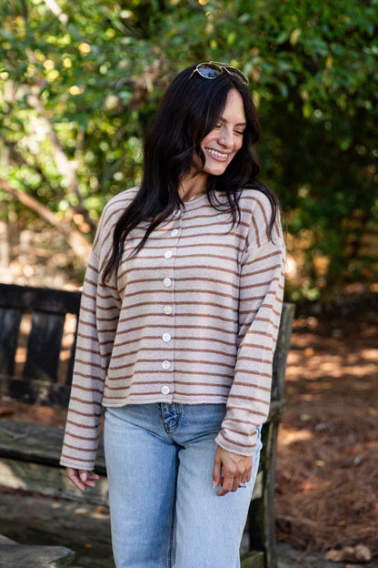 Quiet Moment Taupe Striped Cardigan