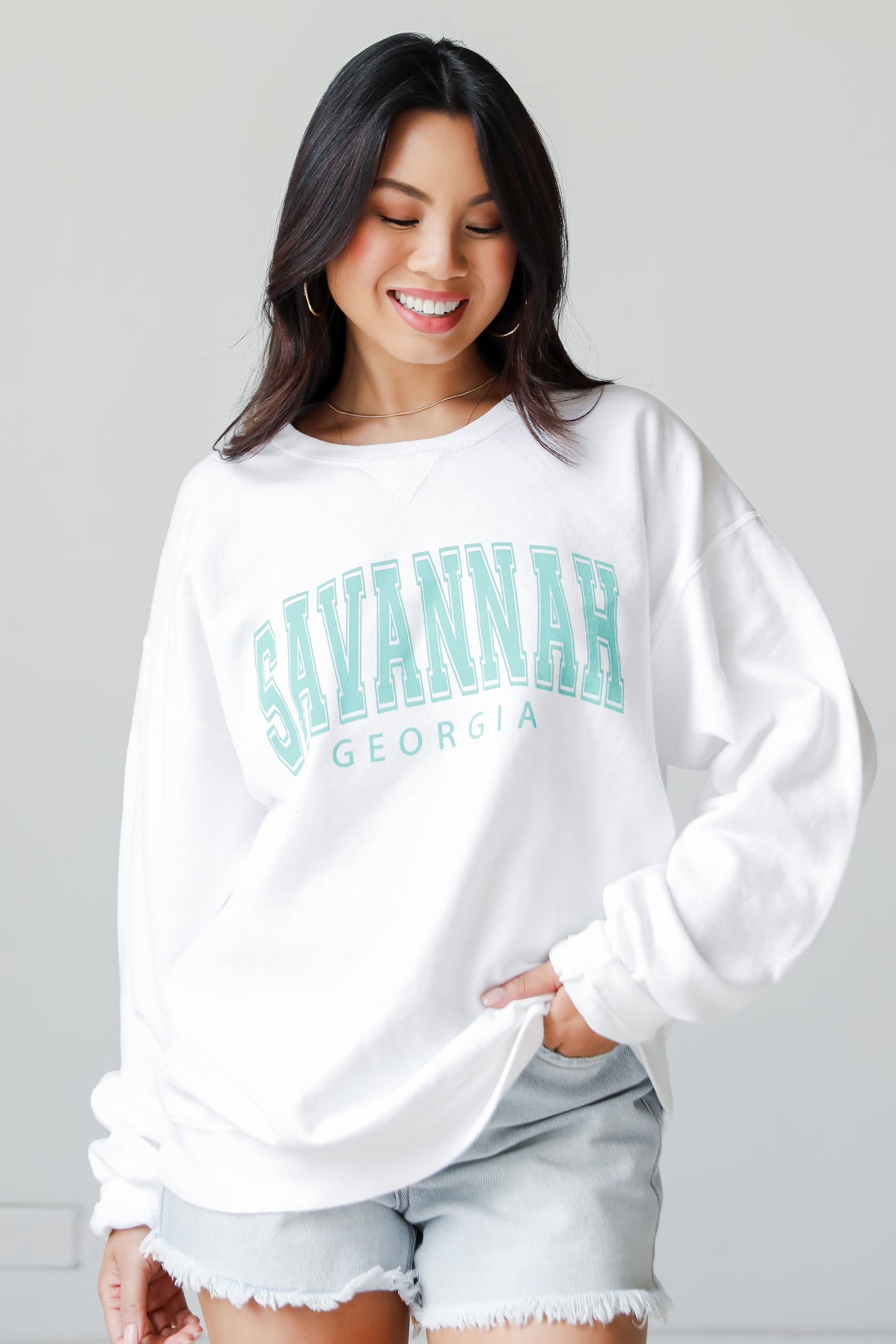 White Savannah Georgia Pullover on model