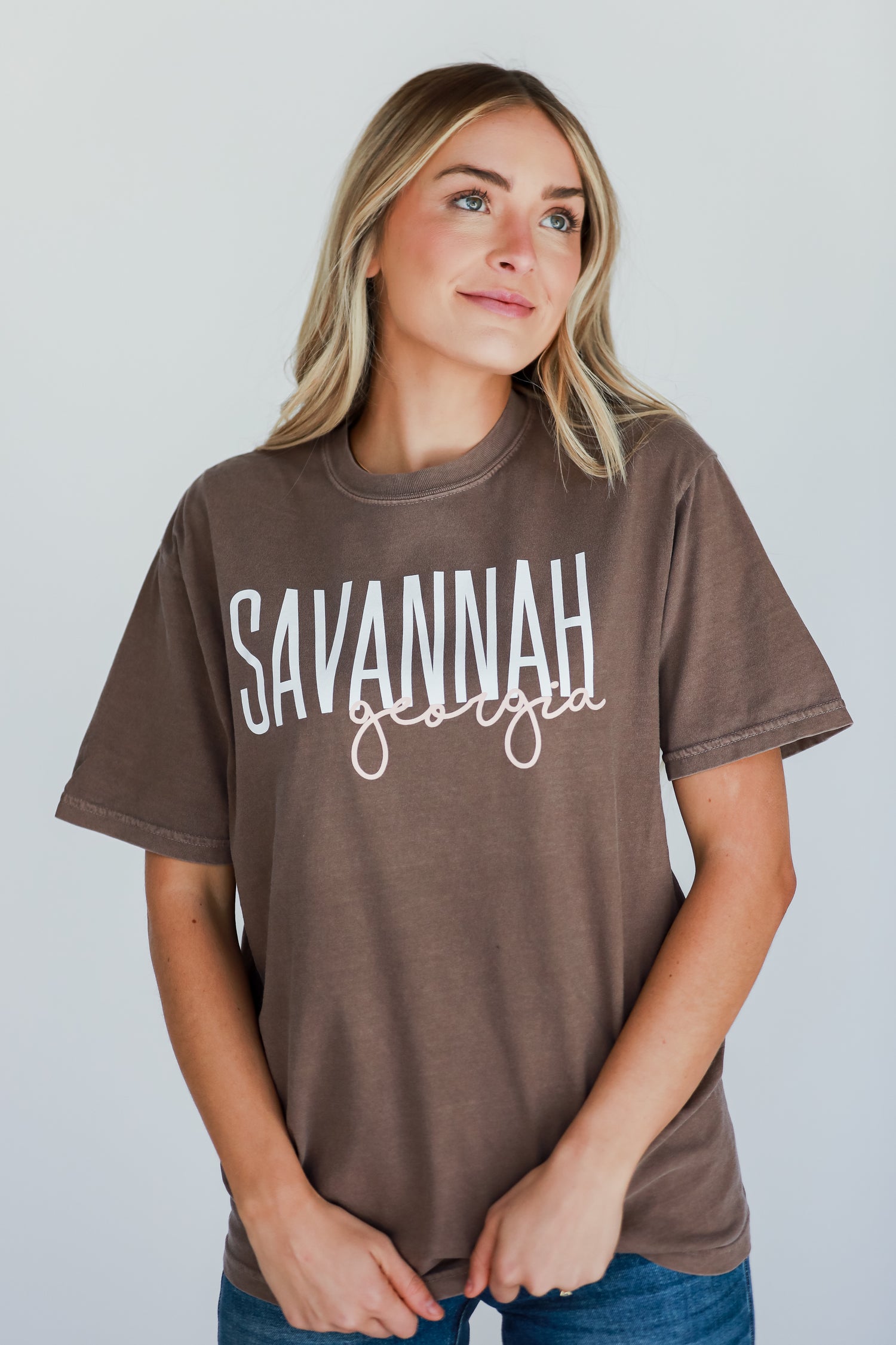 Brown Savannah Georgia Script Tee front view