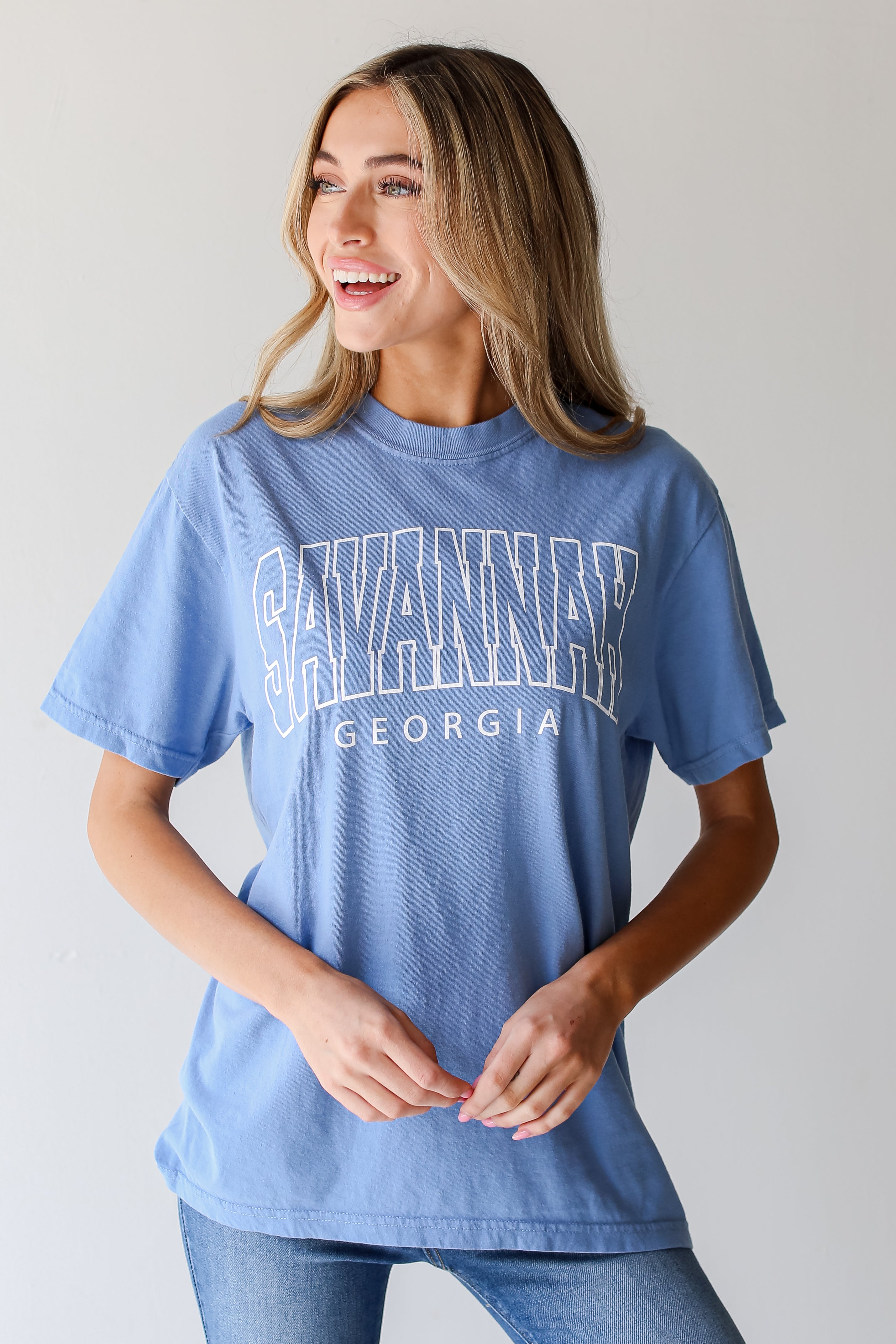 Blue Savannah Georgia Block Letter Tee on model