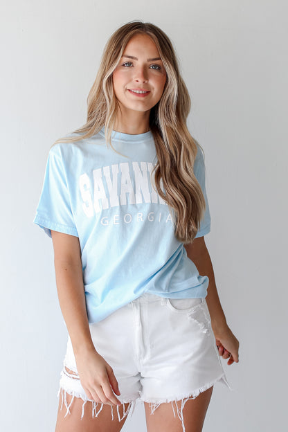 Light Blue Savannah Georgia Block Letter Tee front view