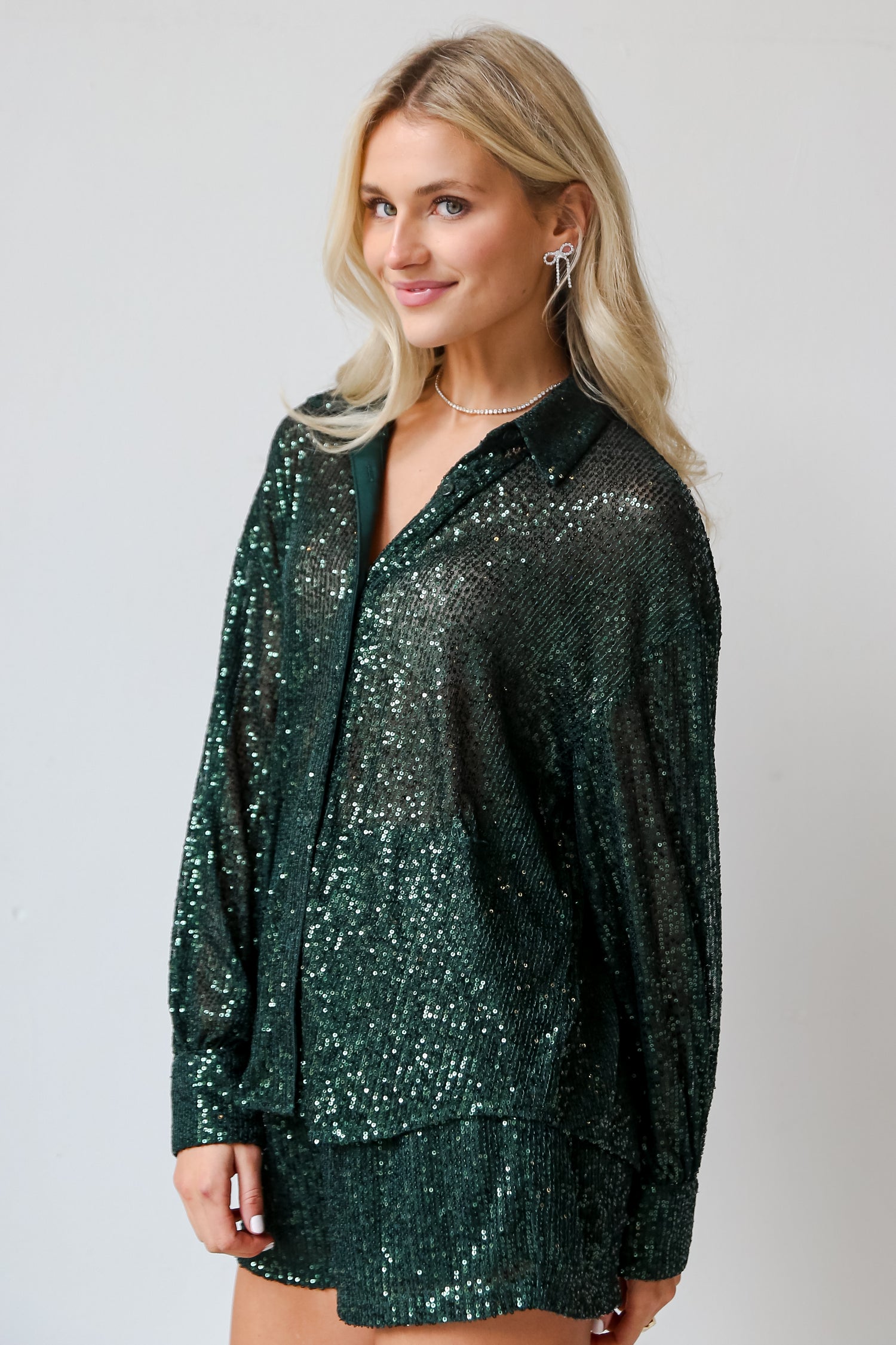 green Sequin Button-Up Blouse side view