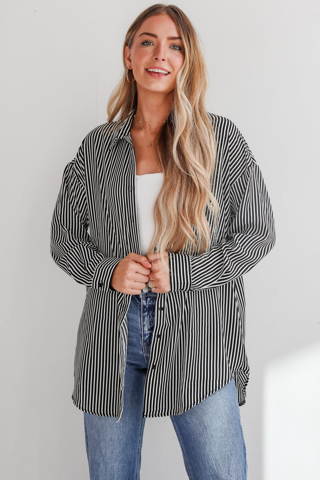 Playfully Composed Black Satin Striped Button-Up Blouse