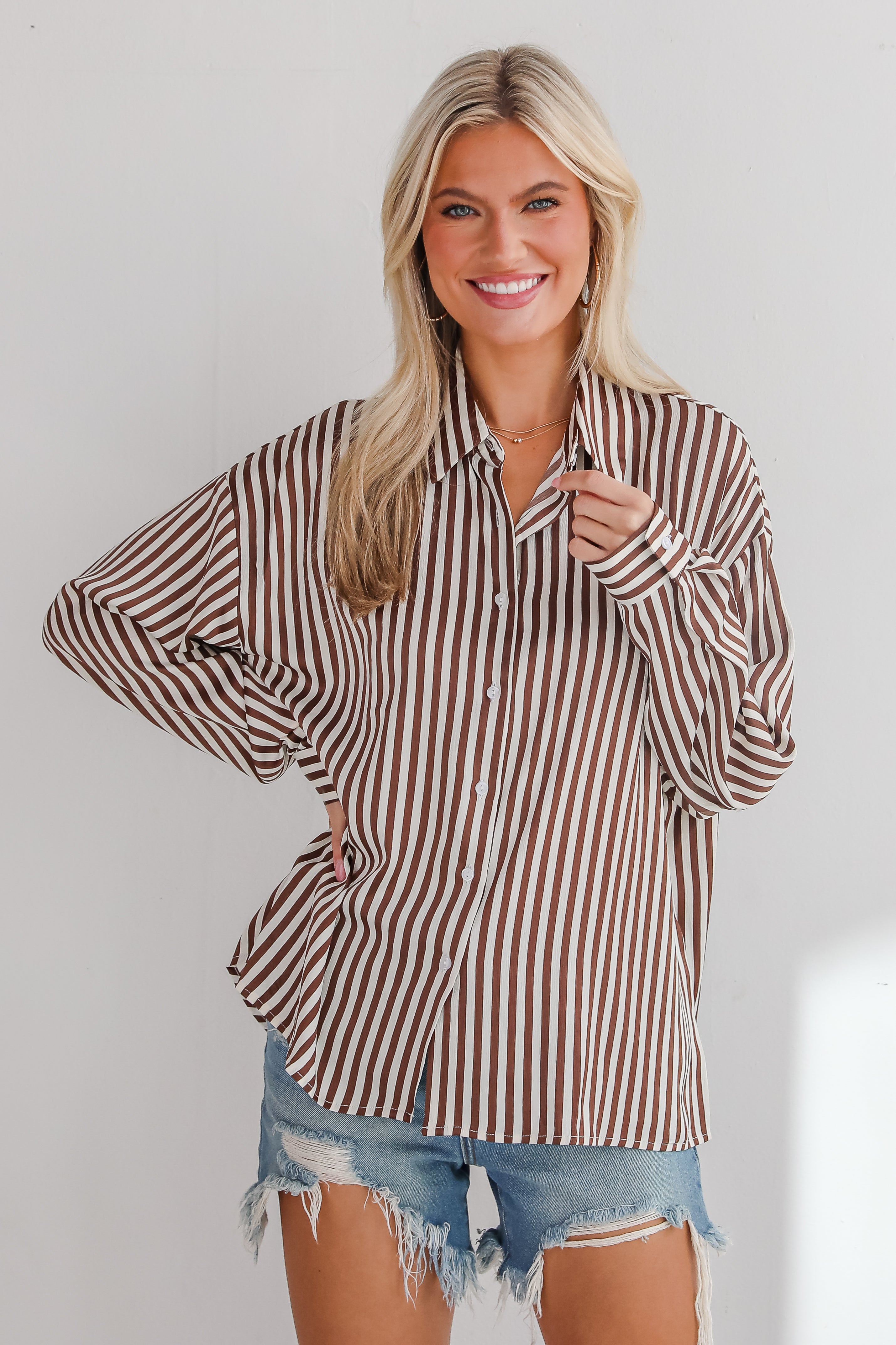 Composed Essence Satin Striped Button-Up Blouse