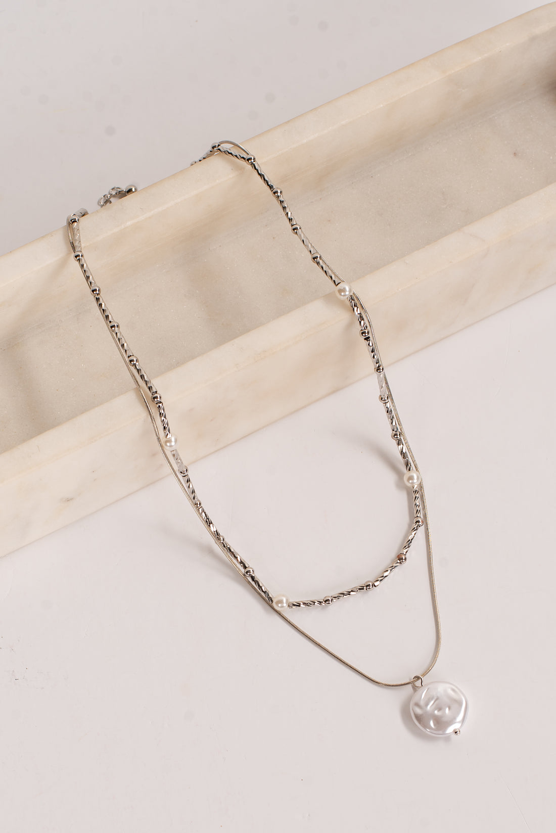 Sofia Silver Pearl Charm Layered Necklace
