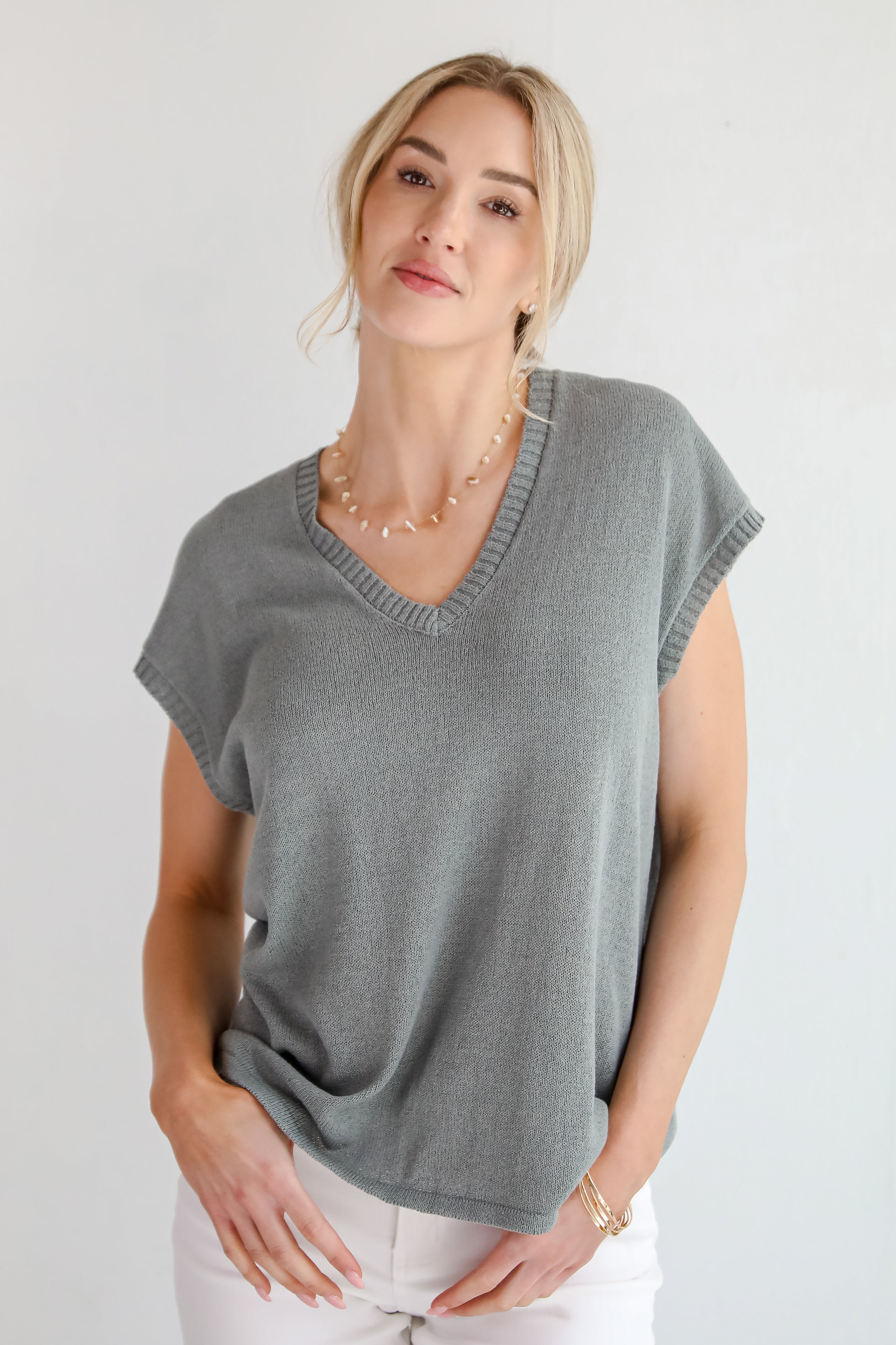 Not Too Late Slate Lightweight Knit Top