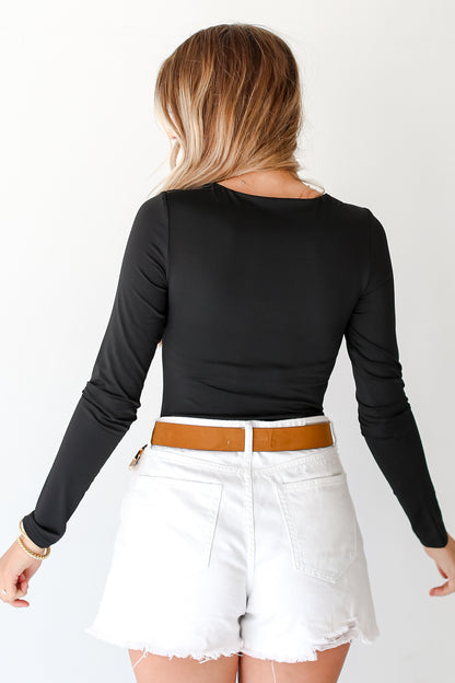 black Square Neck Long Sleeve Bodysuit back view