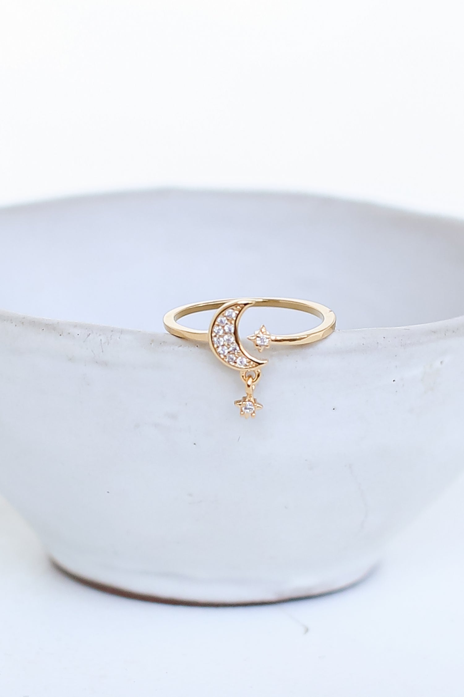 Gold Rhinestone Moon + Star Ring