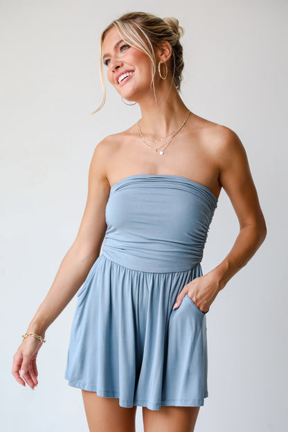 blue Strapless Romper on model