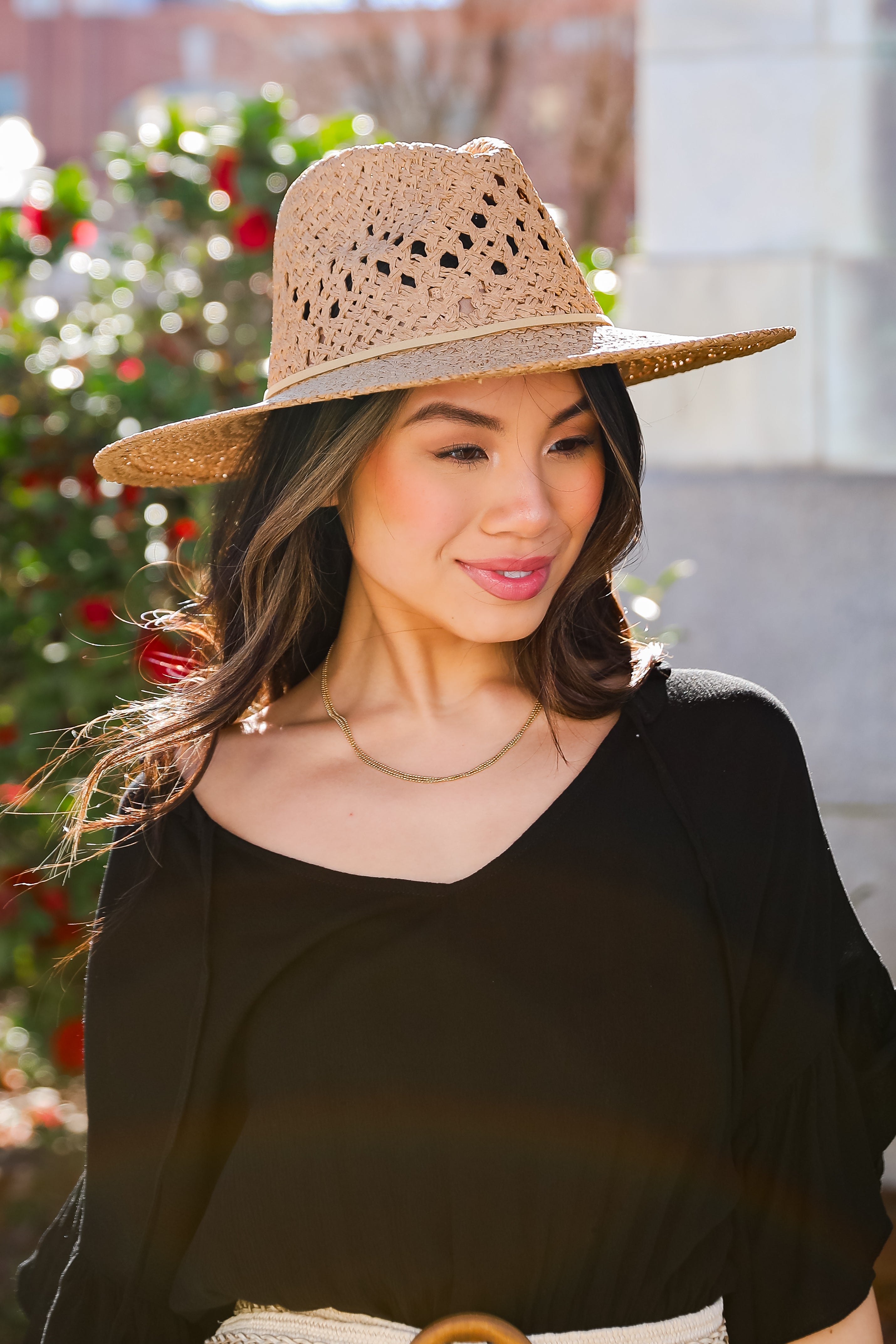 cute beach hats Weekend Breezes Khaki Straw Fedora Wide Brim Hat 