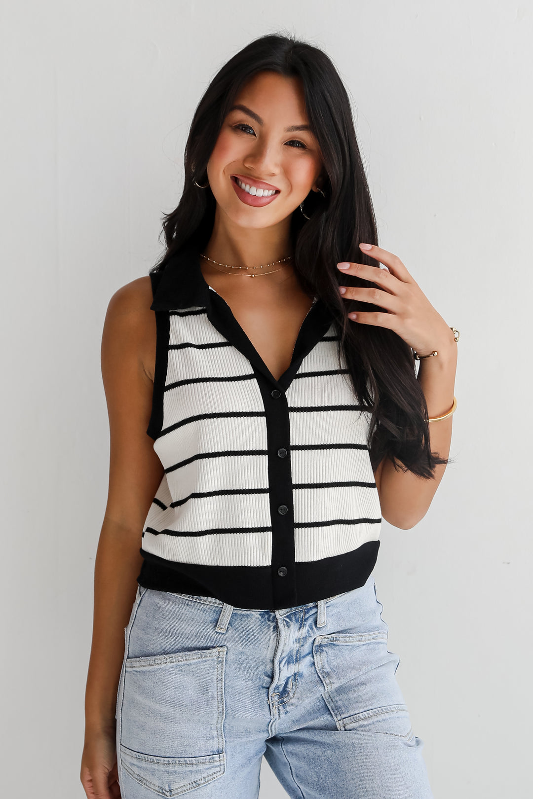 Novel Poise Cream Striped Collared Knit Tank