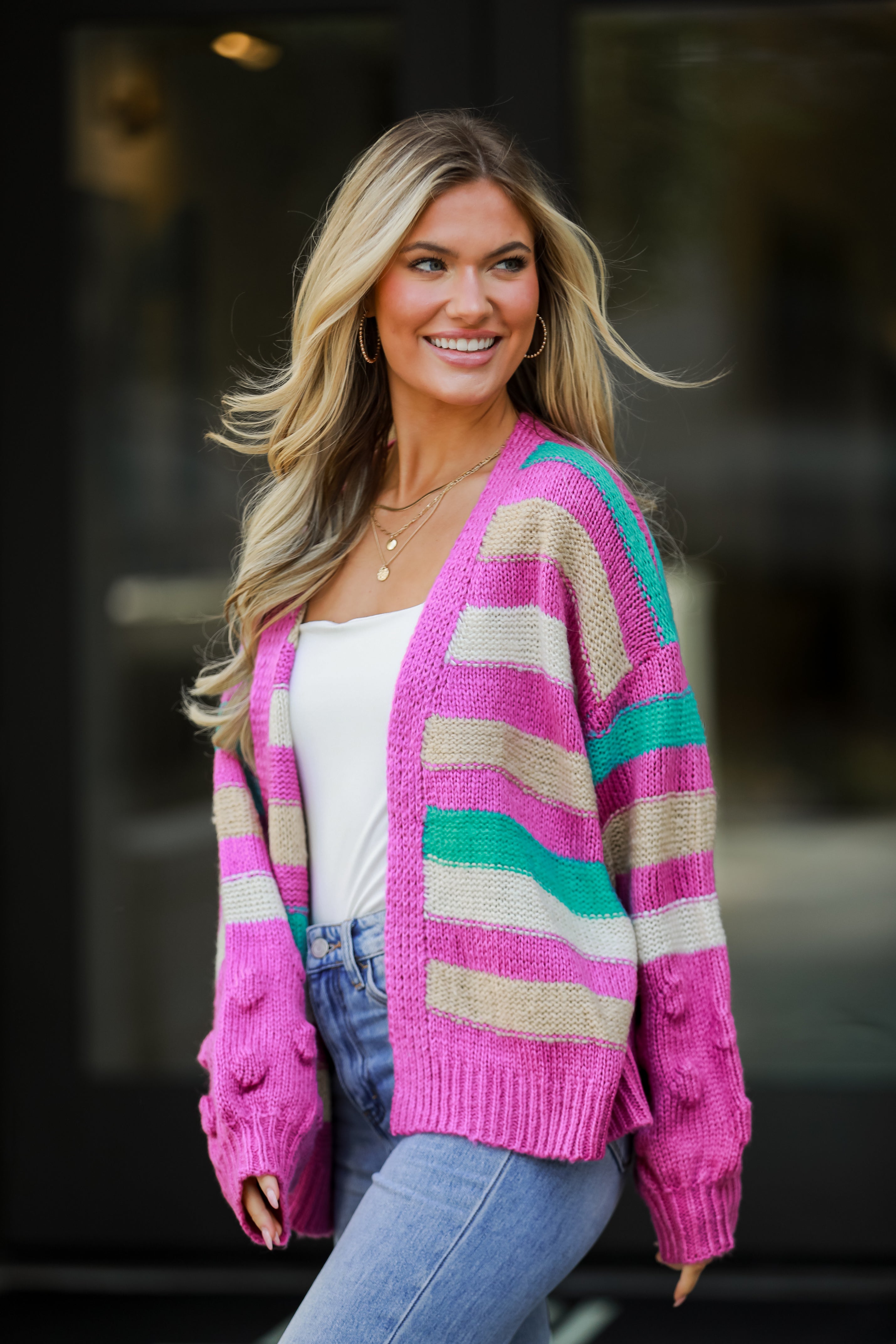 cute Fuchsia Striped Sweater Cardigan