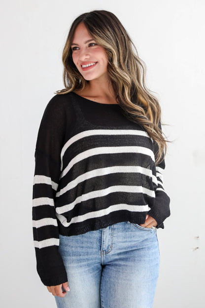 Stylish Promise Black Striped Lightweight Knit Sweater