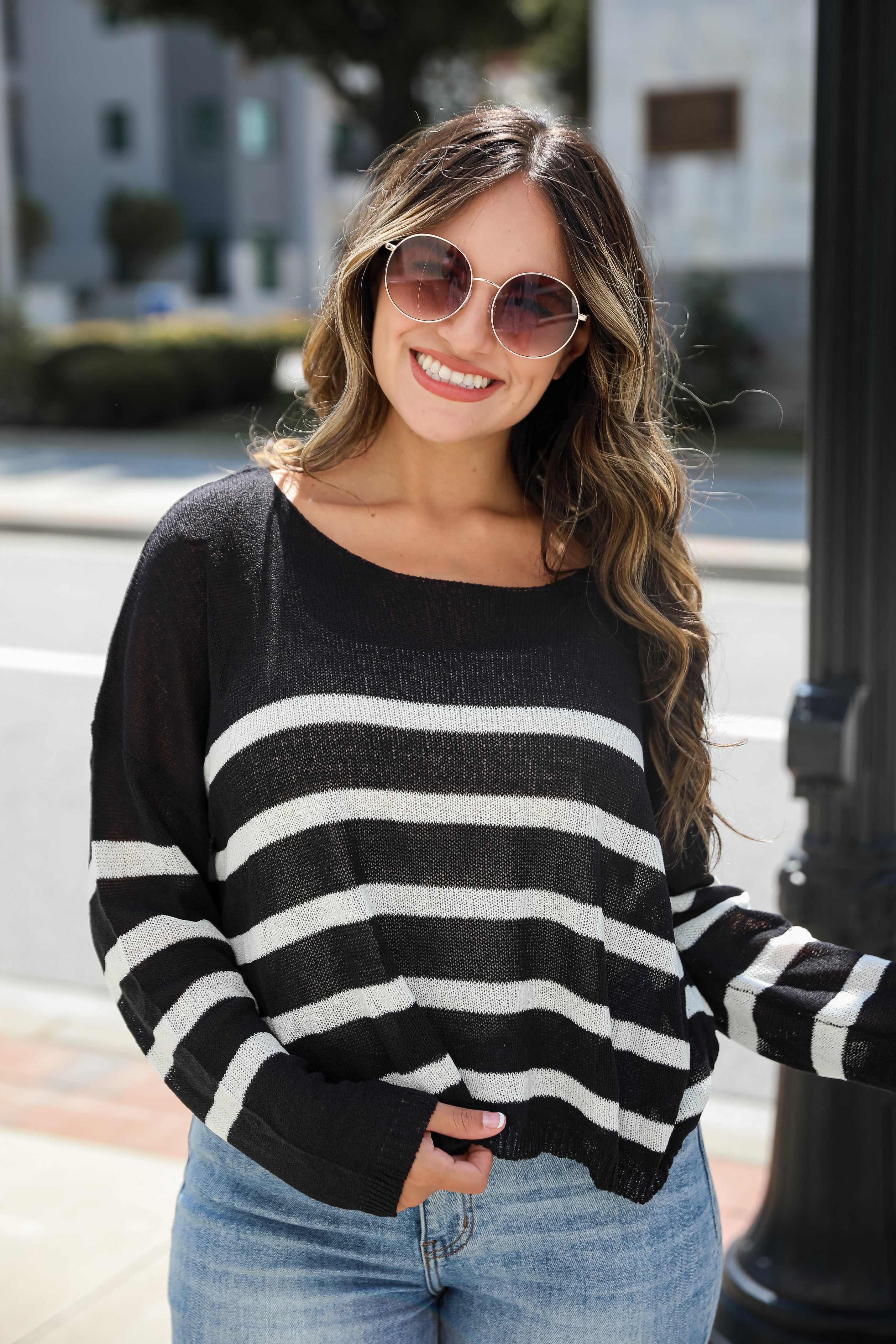 Stylish Promise Black Striped Lightweight Knit Sweater