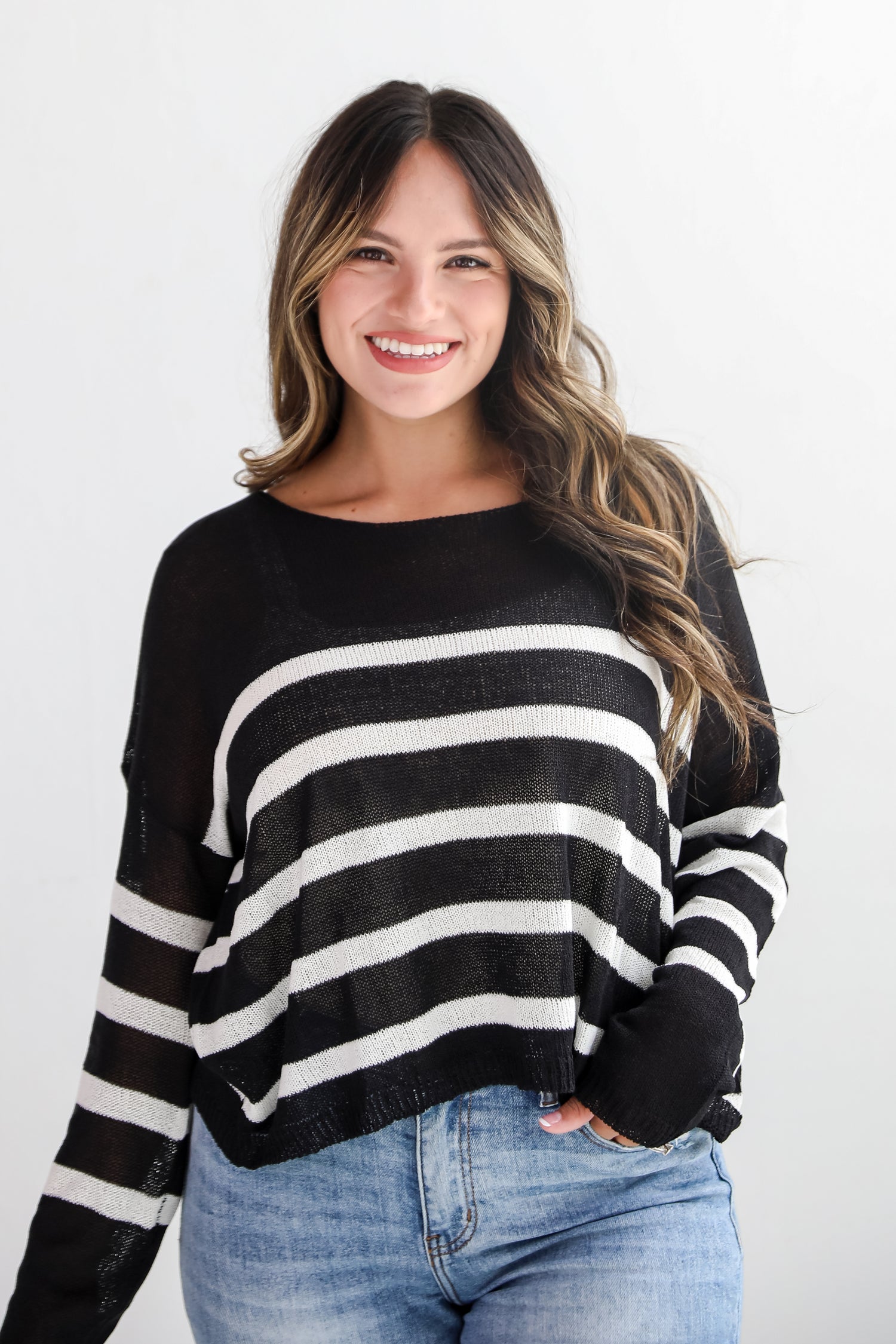 Stylish Promise Black Striped Lightweight Knit Sweater