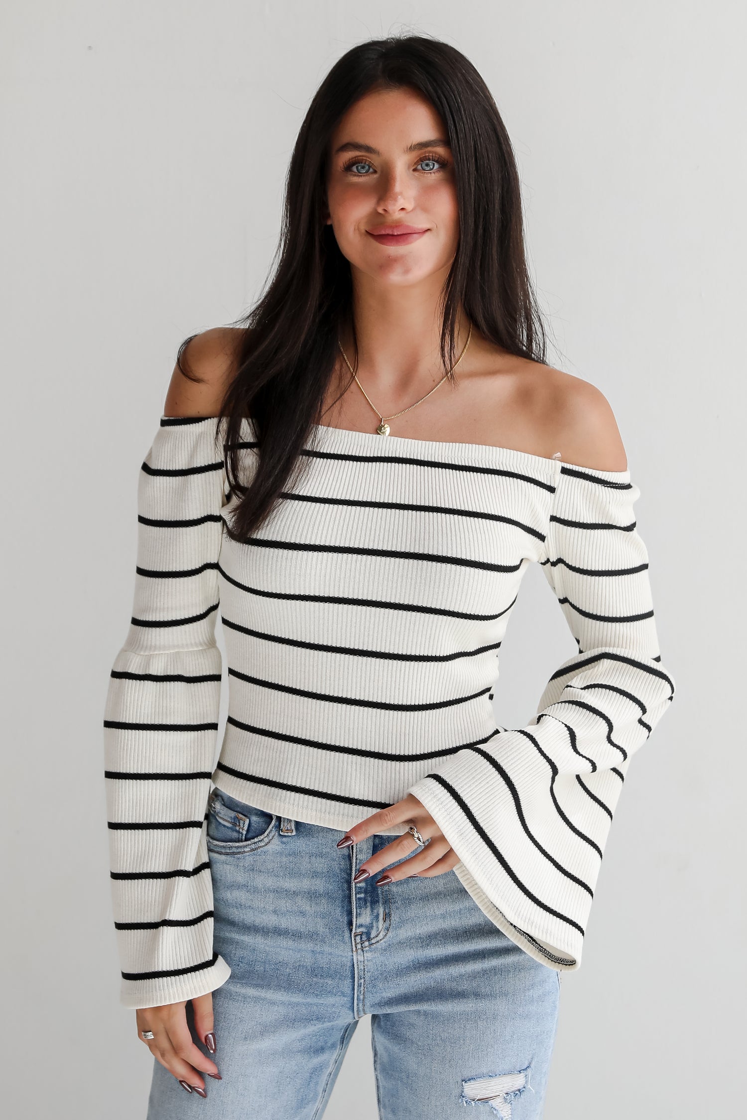 Coveted Favorite Cream Striped Off-The-Shoulder Knit Top