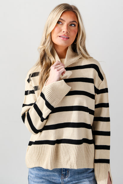 Taupe Striped Turtleneck Sweater front view