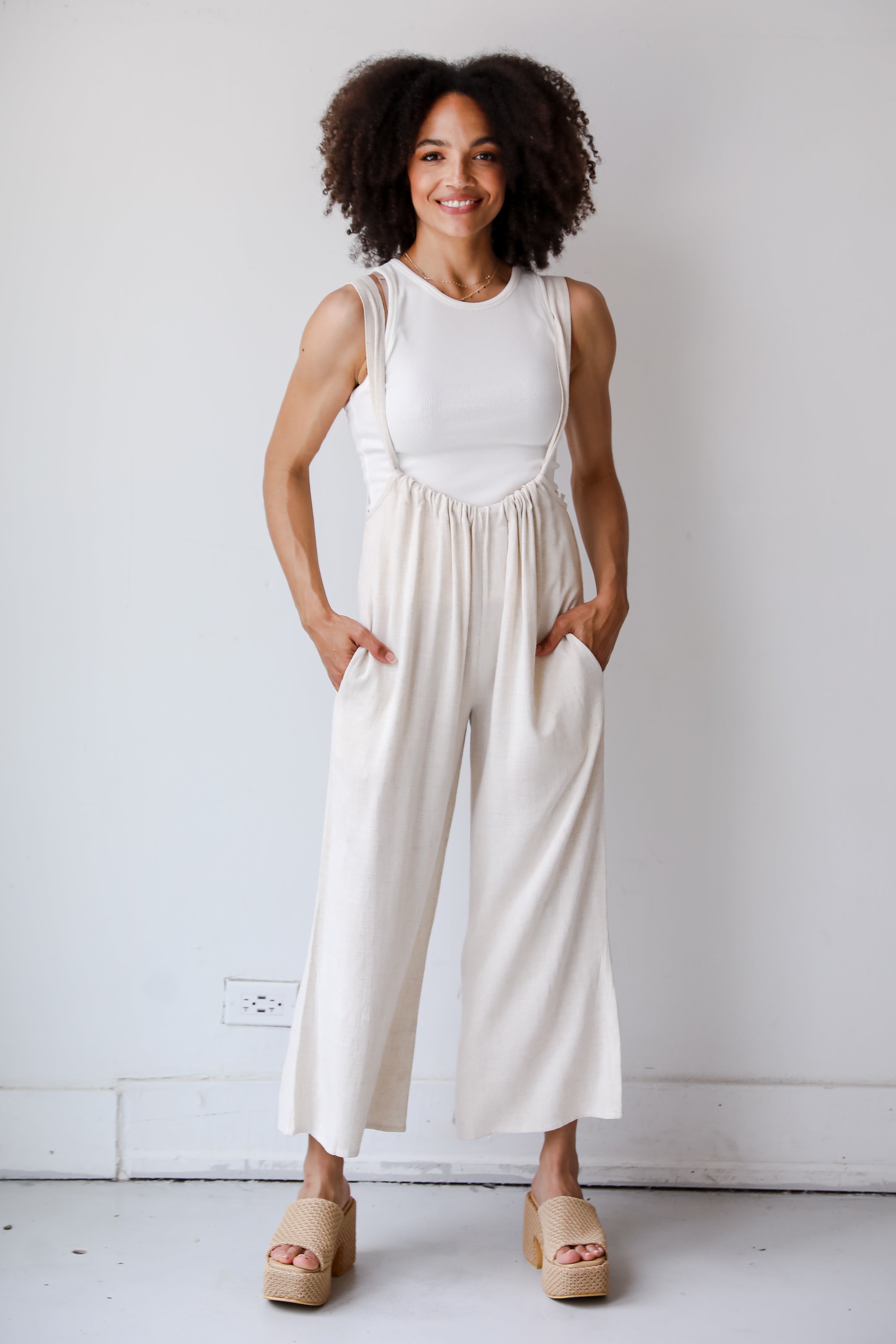 tan Linen Suspender Jumpsuit