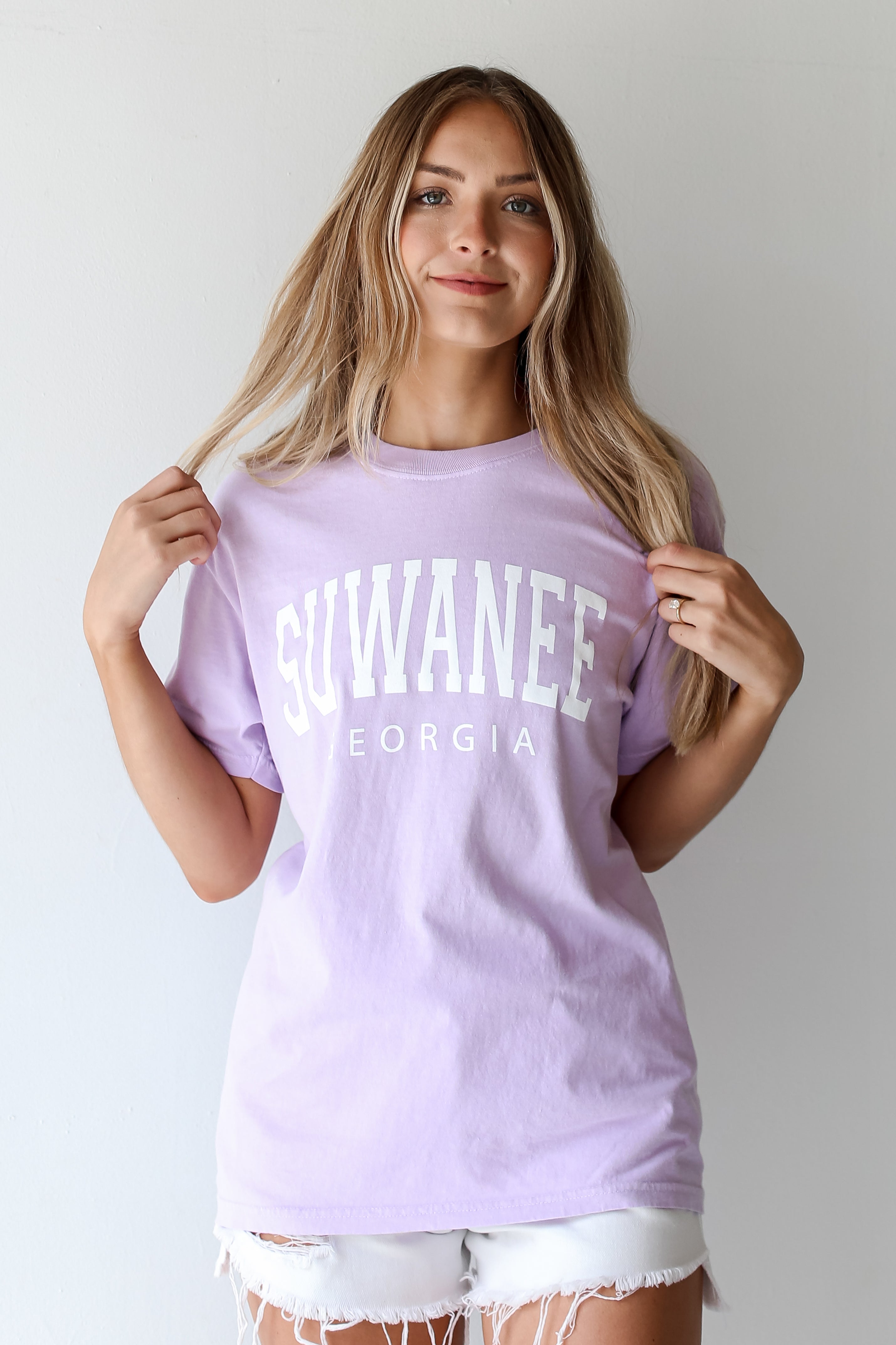 Lavender Suwanee Georgia Block Letter Tee on model