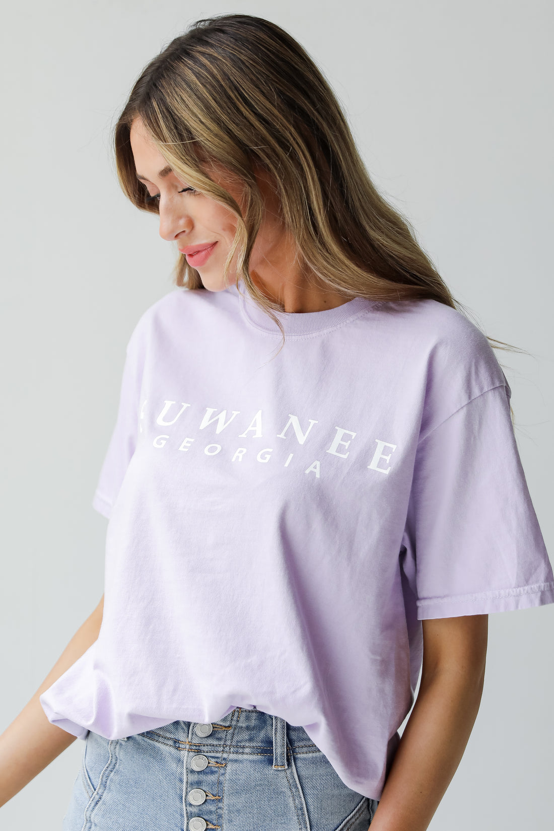 Lavender Suwanee Georgia Tee on model