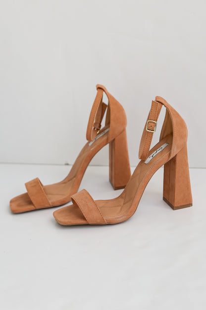 Tan Ankle Strap Heels flat lay