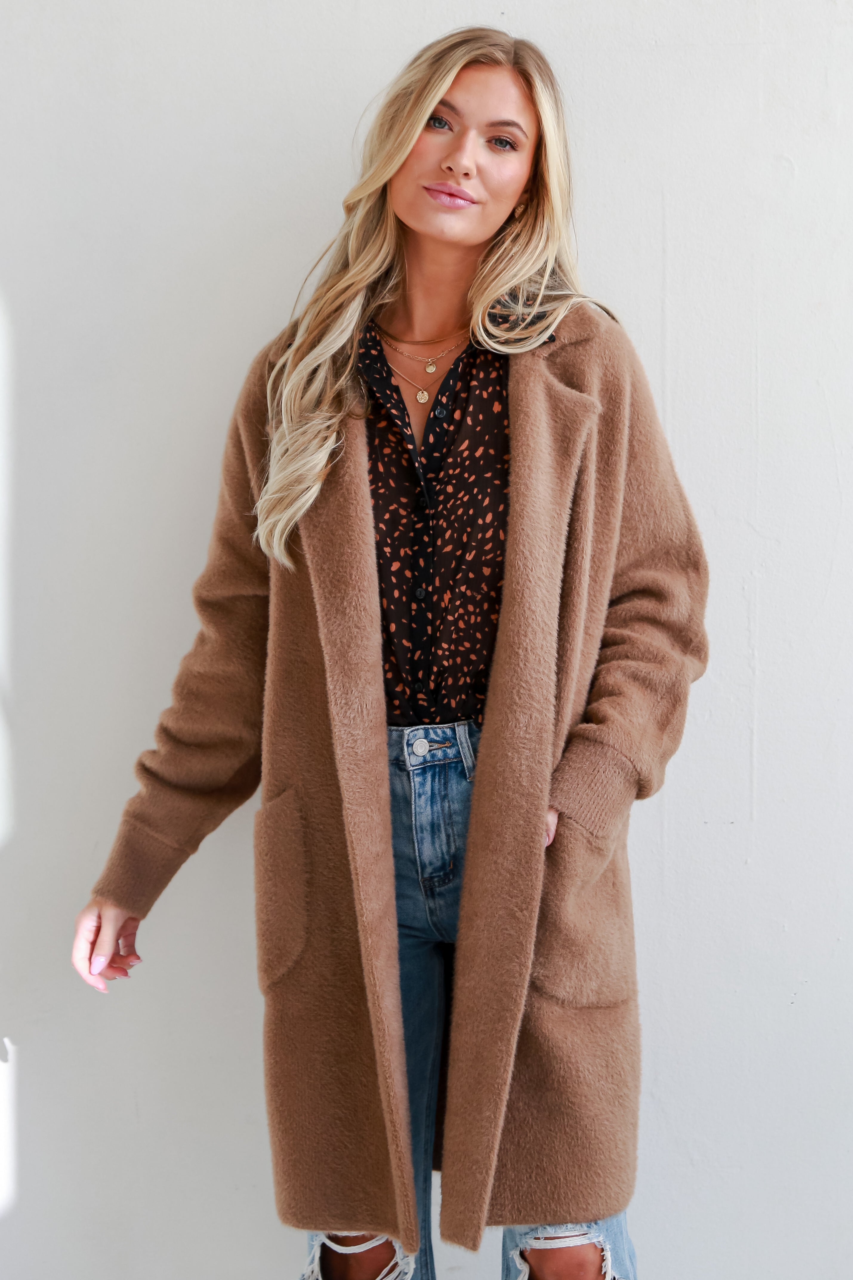 cozy Taupe Eyelash Knit Longline Coat