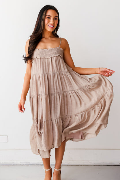 Taupe Tiered Midi Dress on model