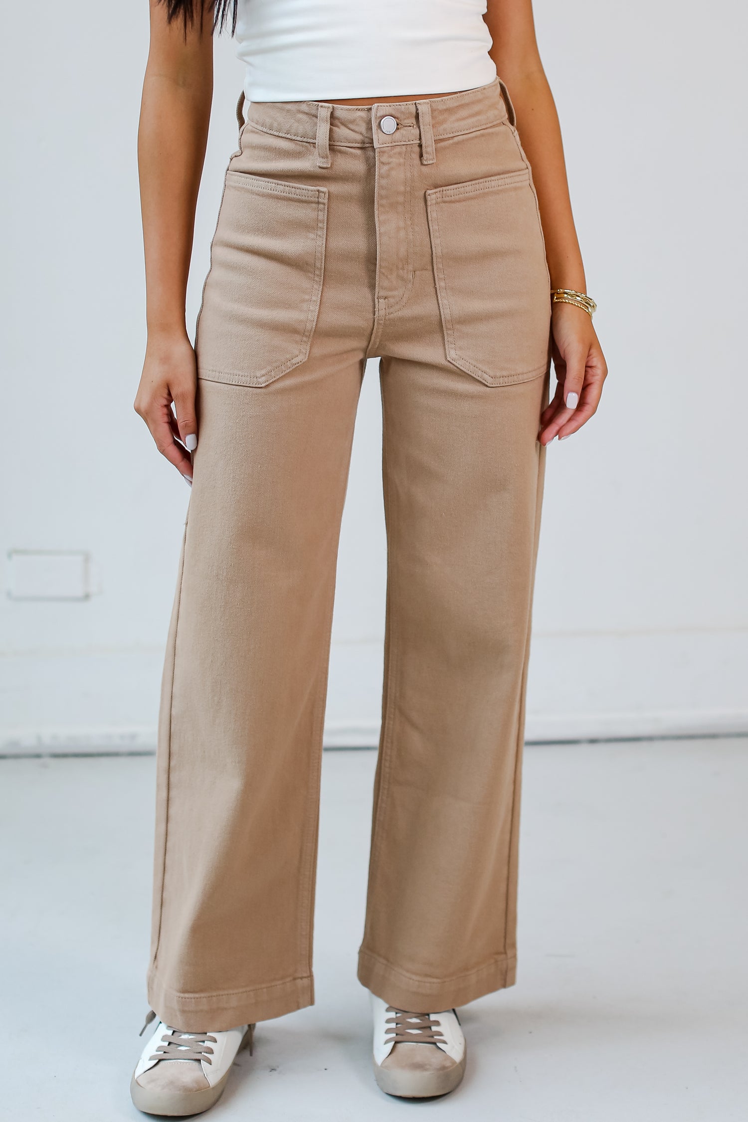 model wearing Taupe Wide Leg Jeans