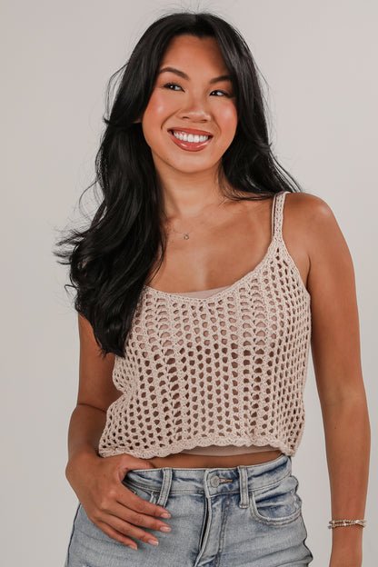 Coastal Sands Taupe Crochet Cropped Tank