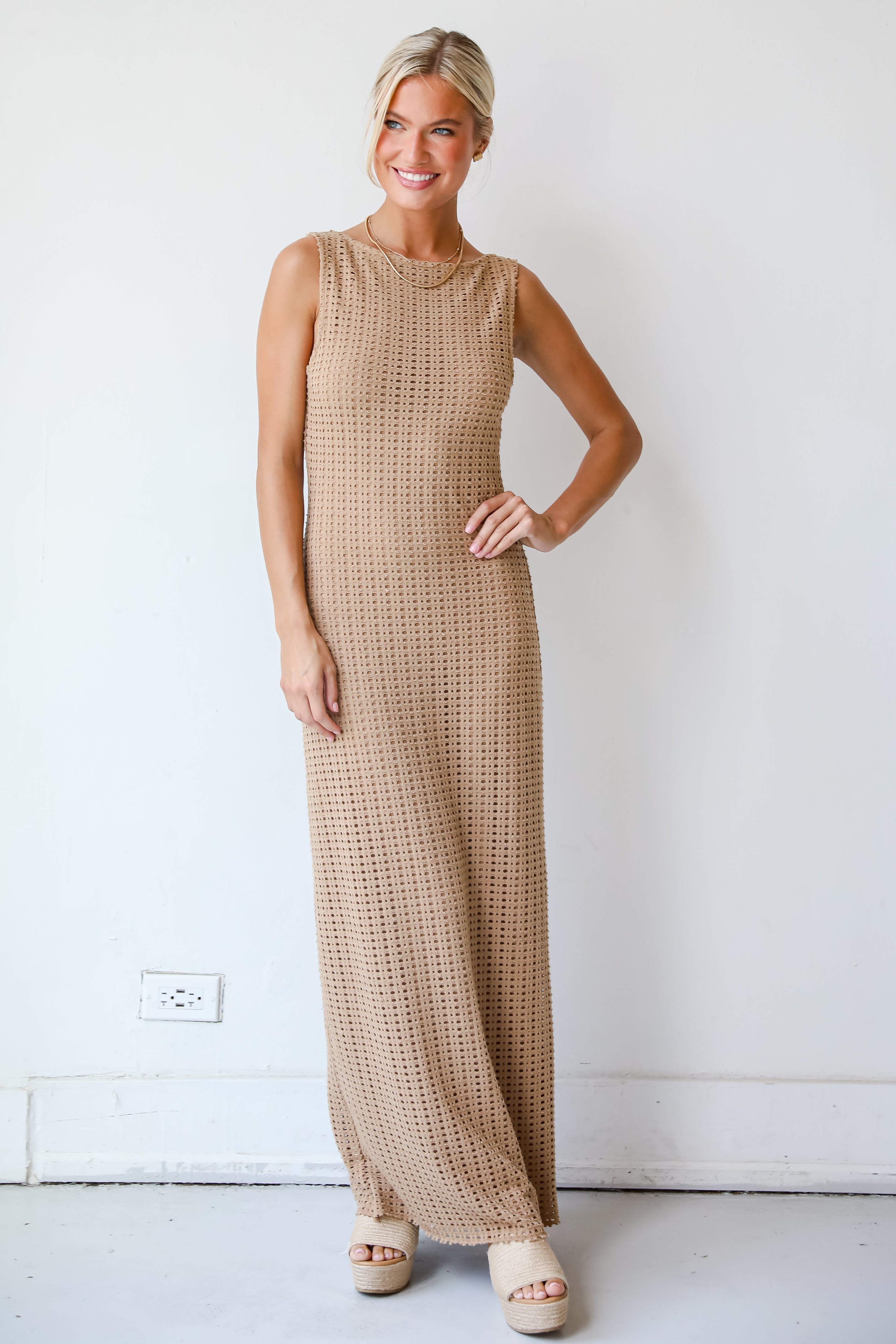 Infinite Sunshine Taupe Crochet Knit Maxi Dress