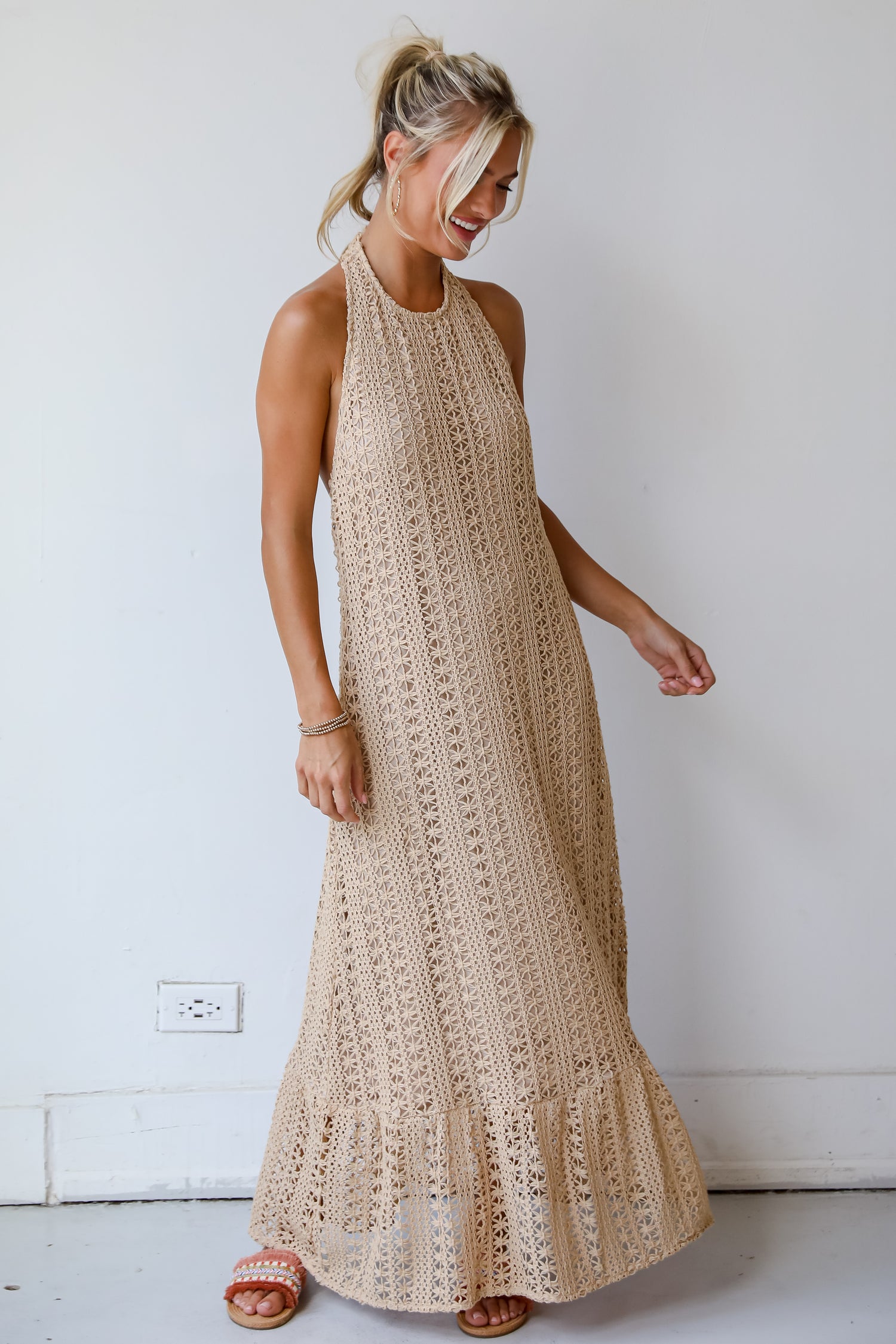 Divine Intentions Taupe Crochet Knit Halter Maxi Dress