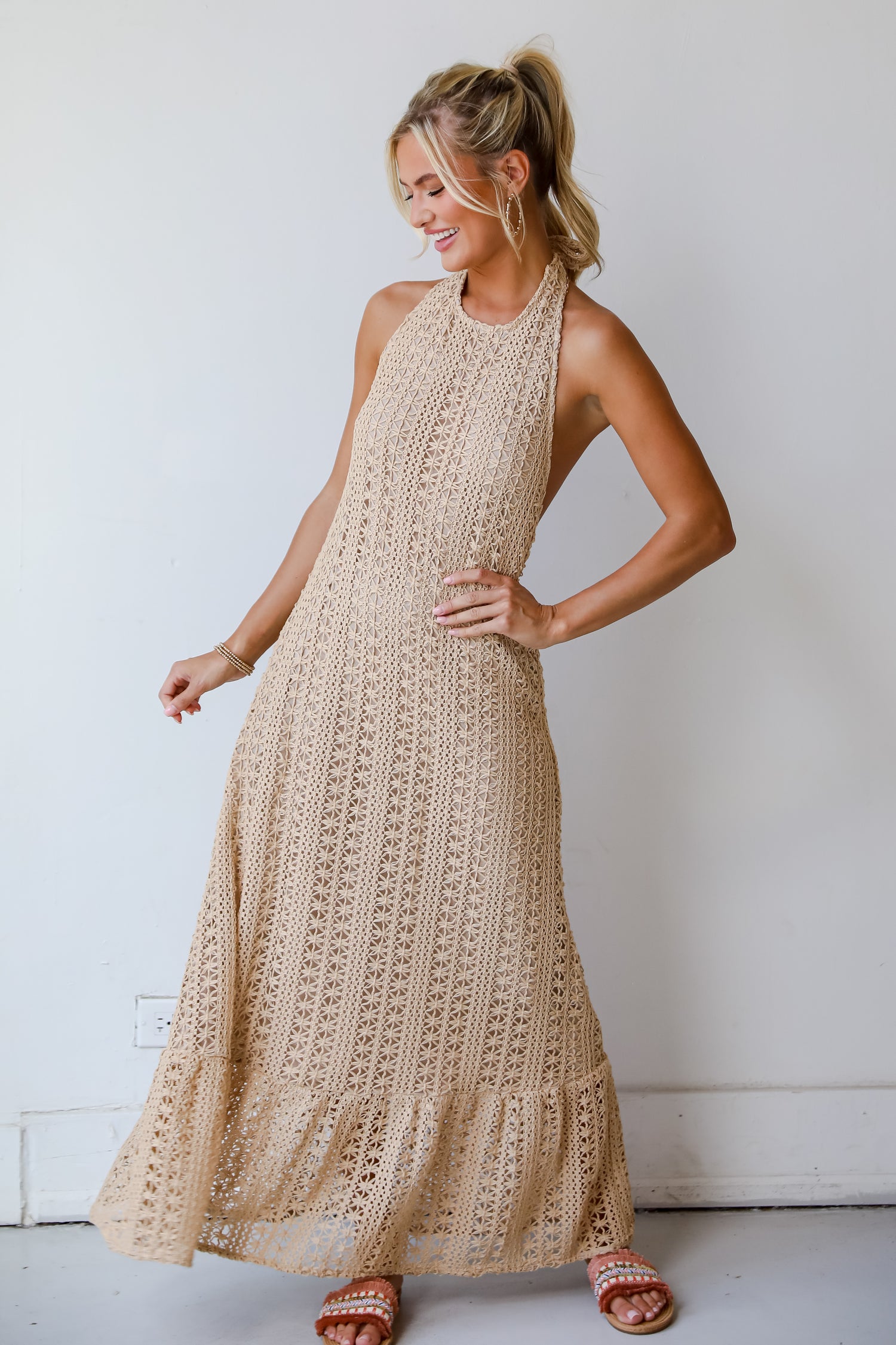 Divine Intentions Taupe Crochet Knit Halter Maxi Dress