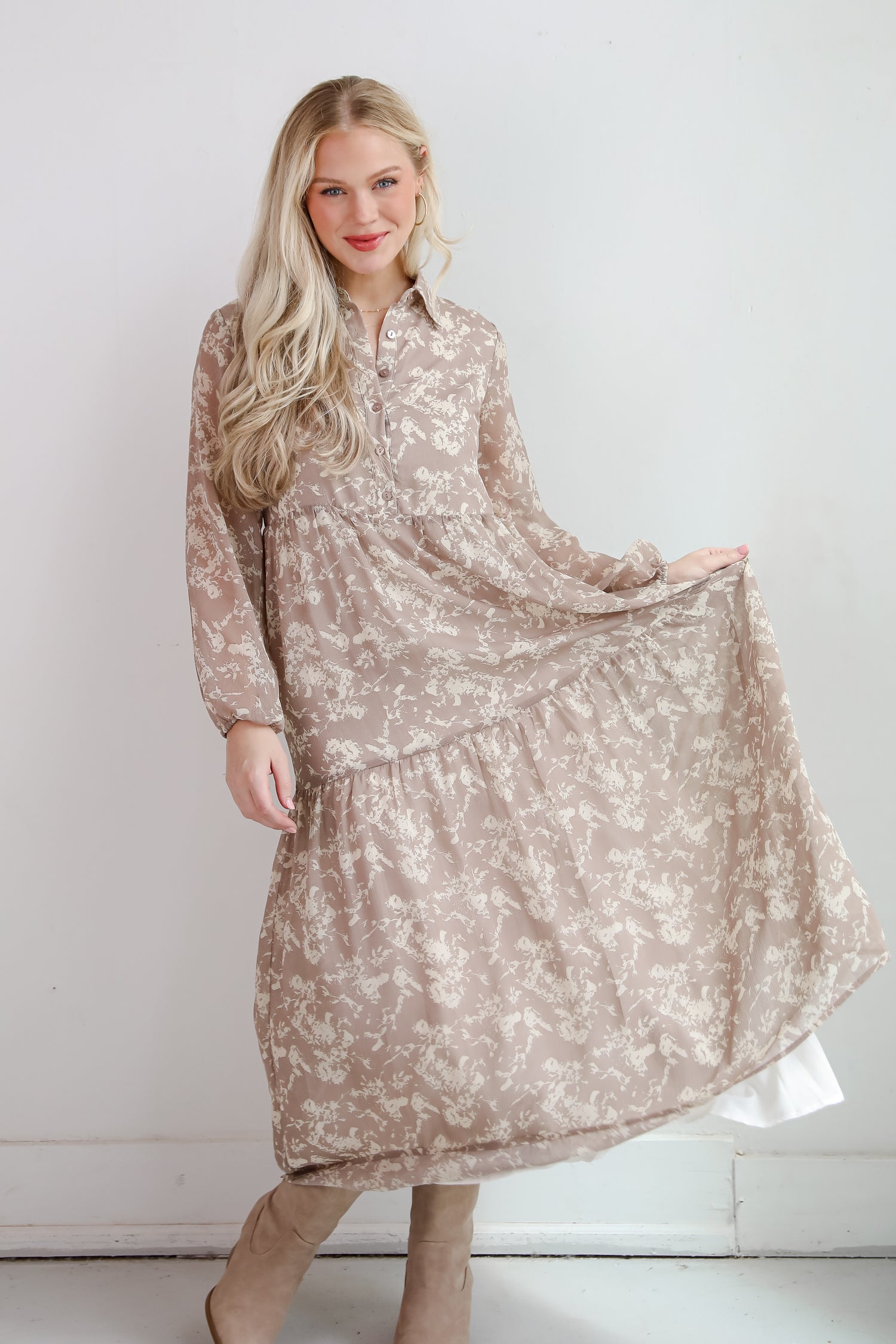 Impactful Elegance Taupe Floral Maxi Dress