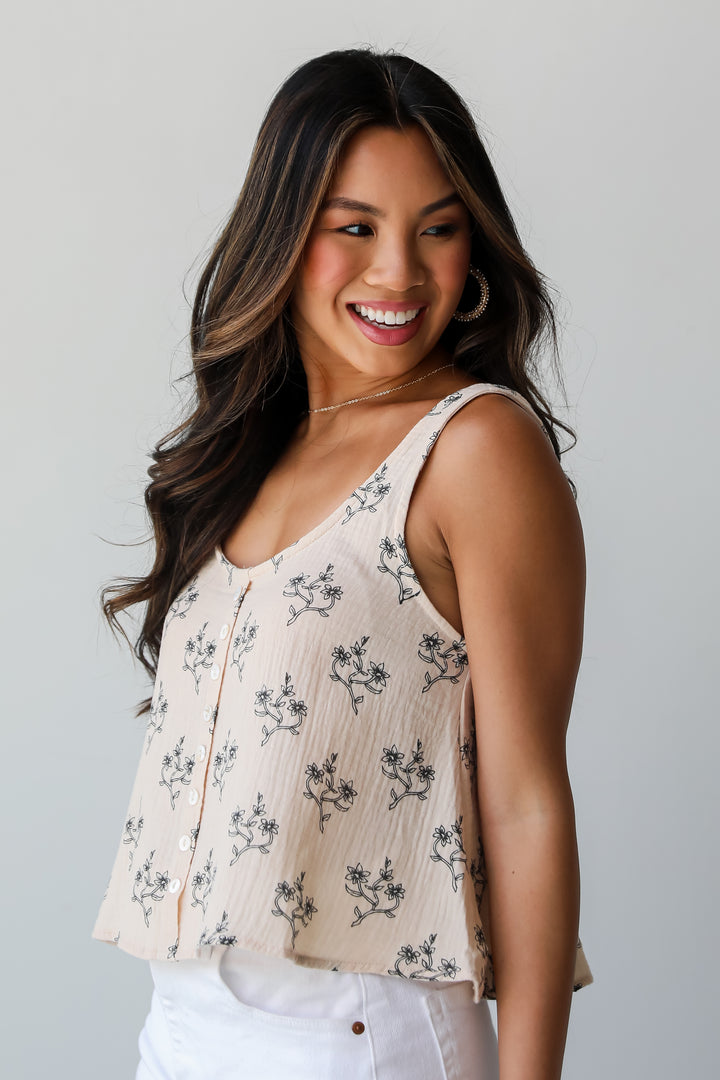 Darling Arrival Natural Linen Floral Tank