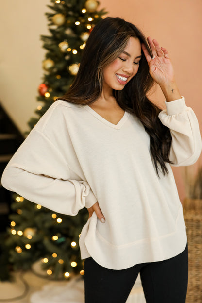 casual Oatmeal Waffle Knit Top