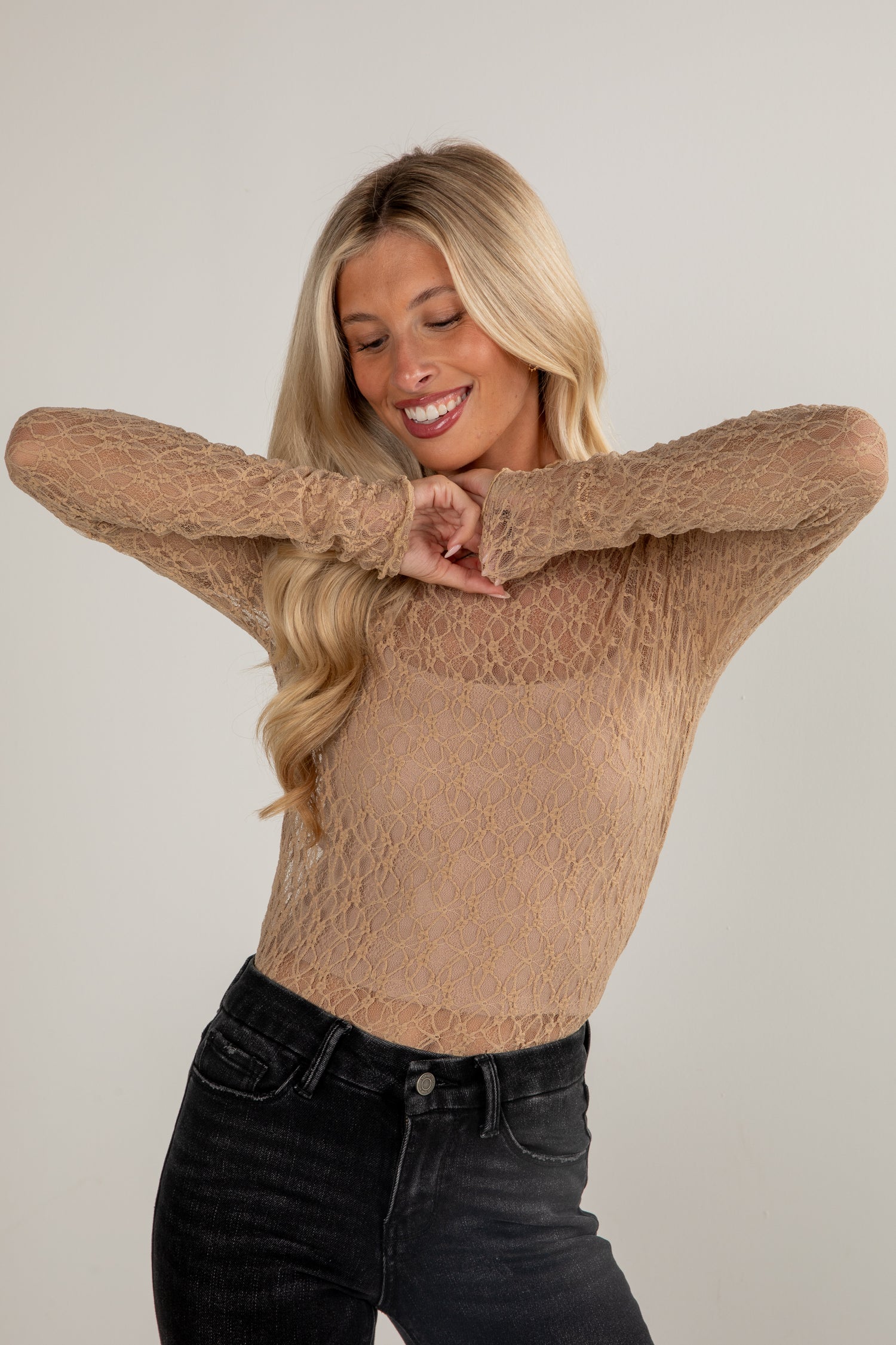taupe mesh lace top