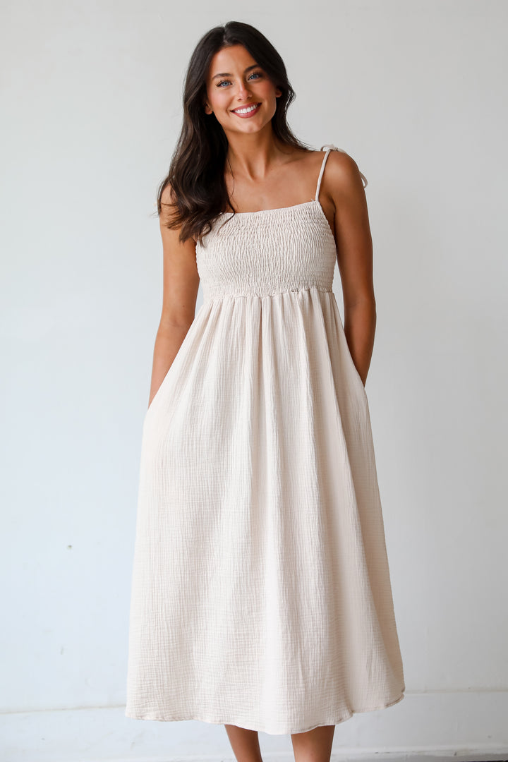 Sweeter Vibes Taupe Linen Midi Dress