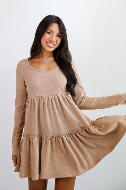 Adorable Promise Taupe Knit Babydoll Mini Dress