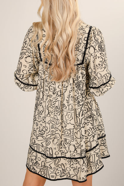 Woman wearing a patterned dress with black trim on a beige background