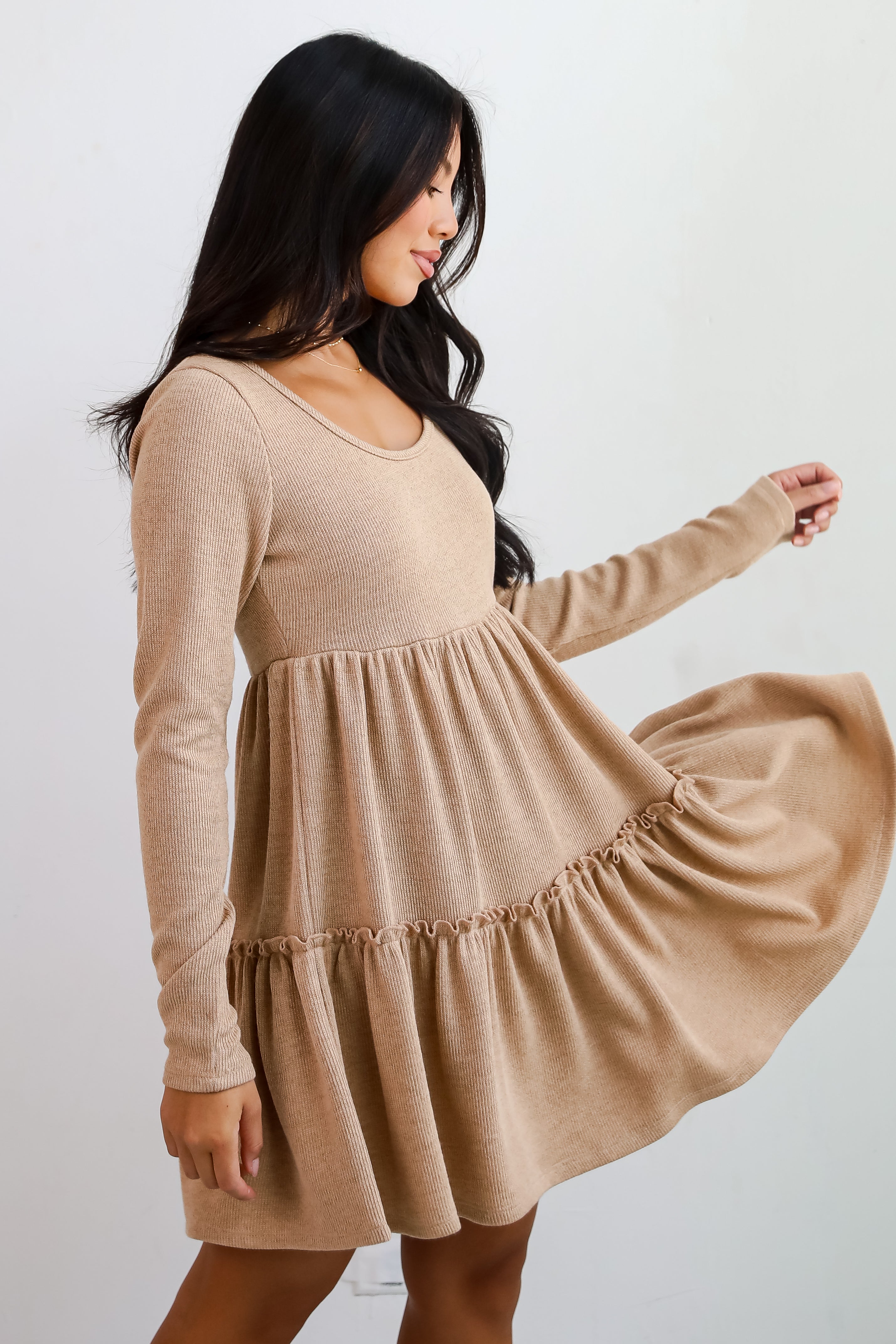 Adorable Promise Taupe Knit Babydoll Mini Dress