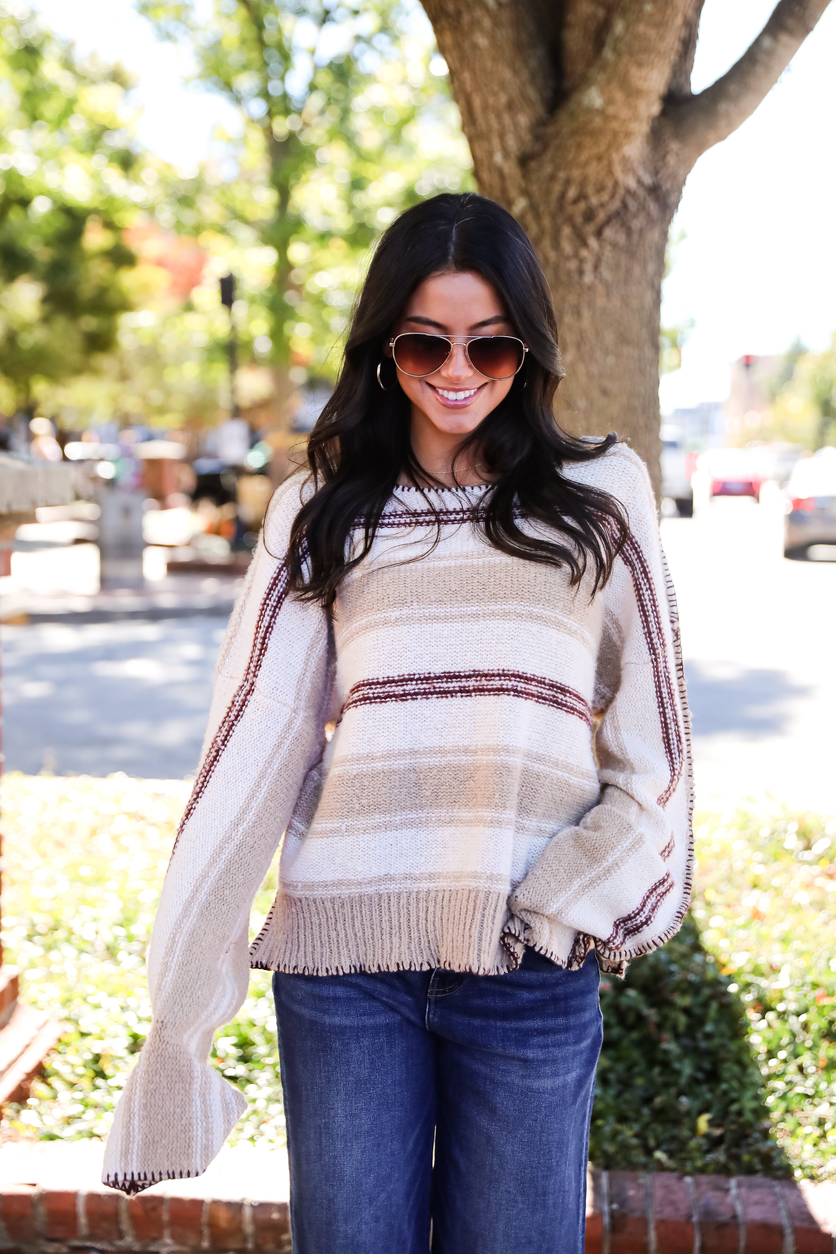 Instinctive Poise Ivory Striped Oversized Sweater