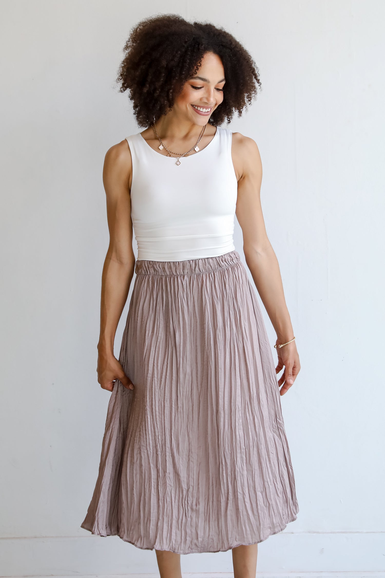 cute Taupe Satin Midi Skirt