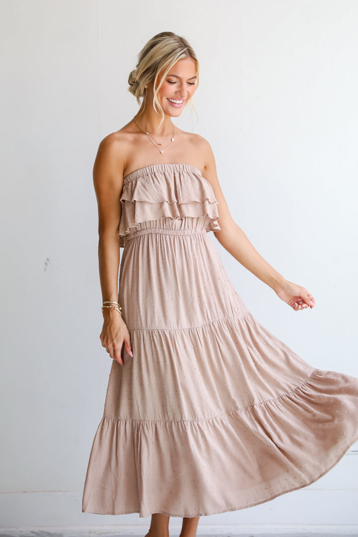 Taupe Tiered Strapless Midi Dress