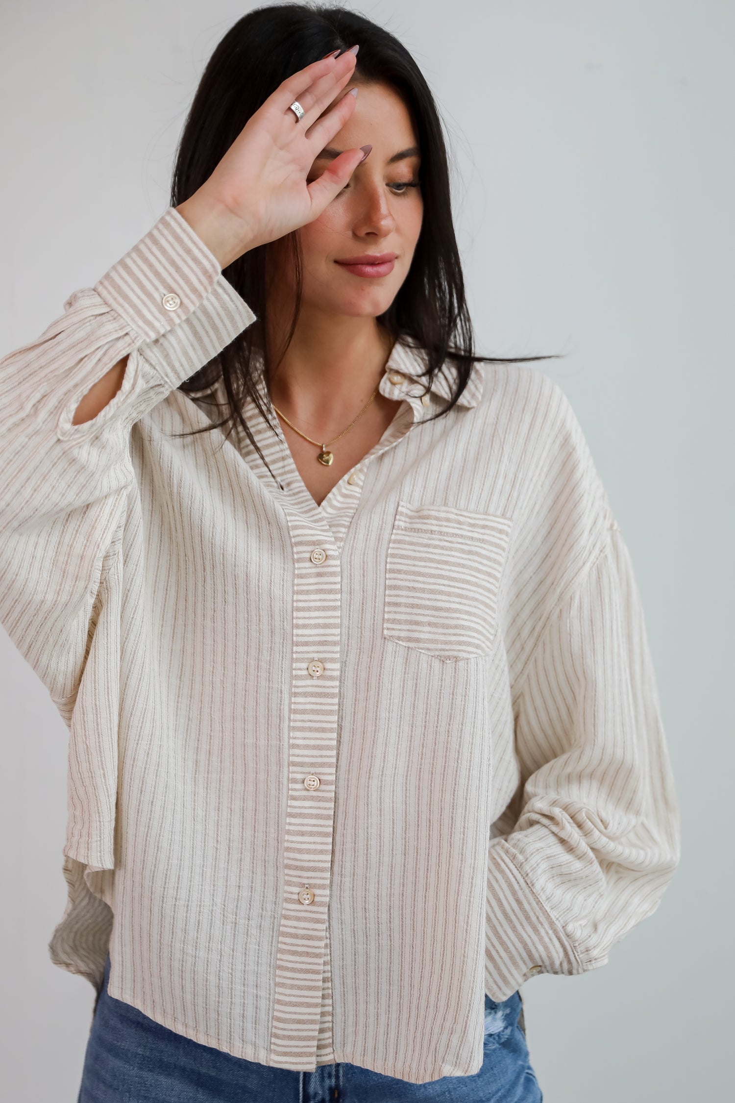 Adored Pose Taupe Striped Button-Up Blouse