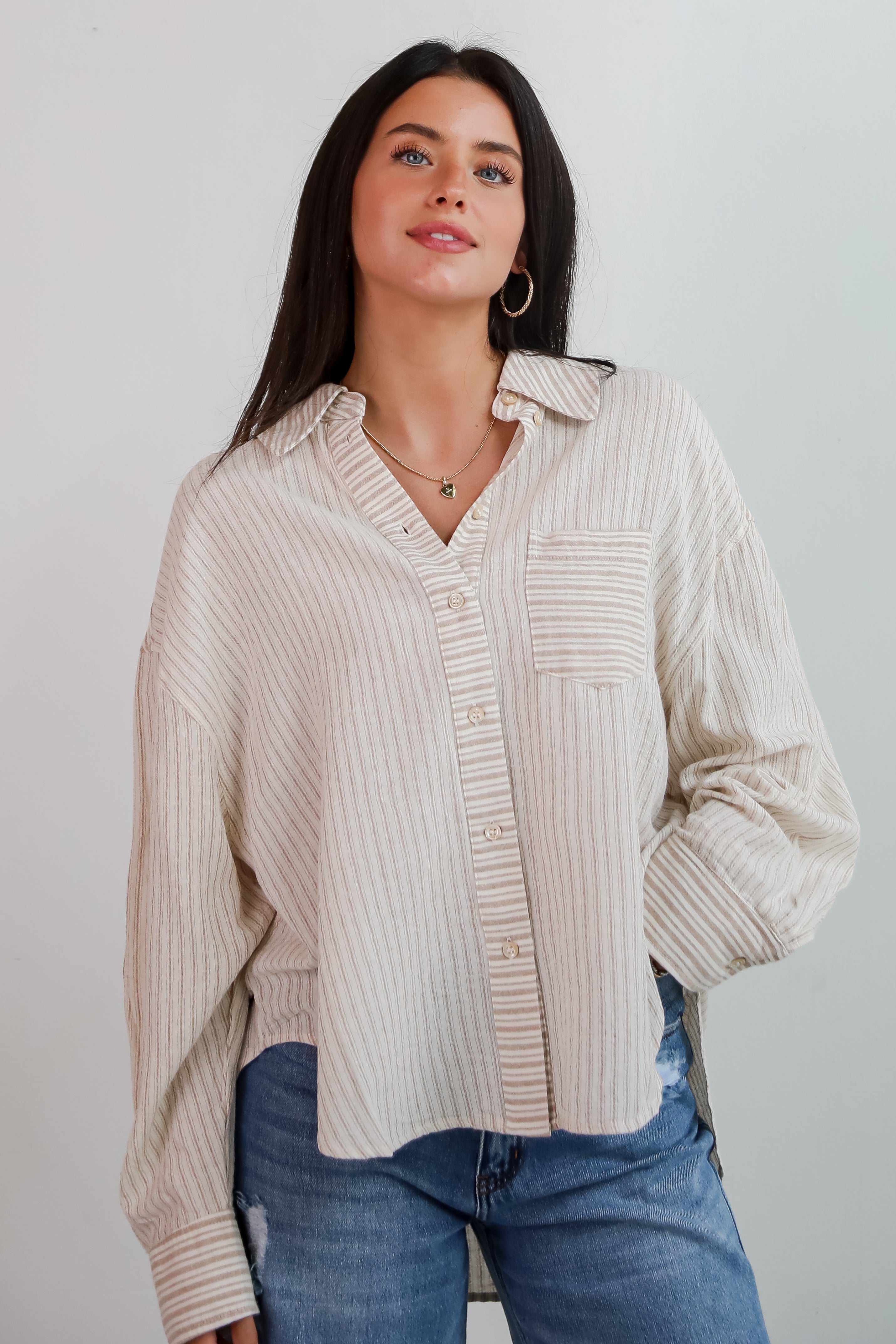 Adored Pose Taupe Striped Button-Up Blouse